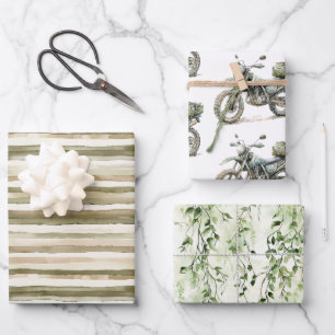 Cream Stripes Motorcycle Ivy Jungle Birthday Wrapping Paper Sheet