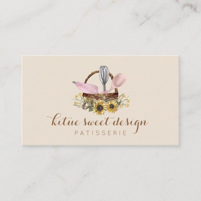 Cream Sunflower Whisk Spoon Pastry Chef Bakery Business Card (Front)