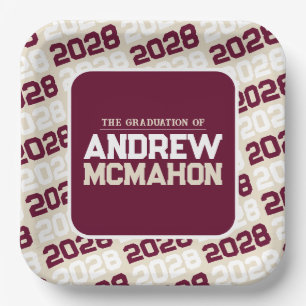 Cream Tan and Burgundy Personalized Graduation Paper Plate