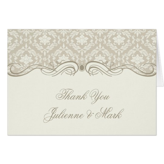 Cream Tan Damask Swirls Thank You Card