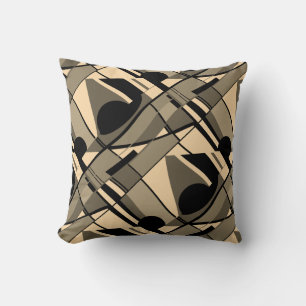 Cream Taupe Brown Black Slanted Twirling Art Motif Throw Pillow