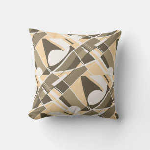 Cream Taupe Brown White Slanted Twirling Art Motif Throw Pillow