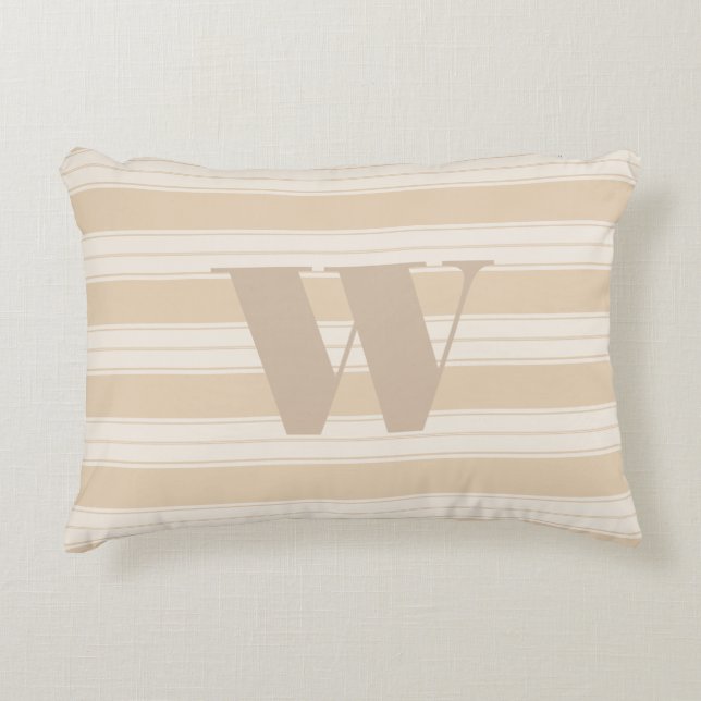 Cream & Taupe French Stripes and Monogram Letter Accent Pillow (Front)