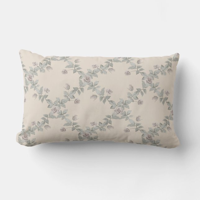 Cream Taupe Rose Sage Trellis Pattern Lumbar Pillow (Front)