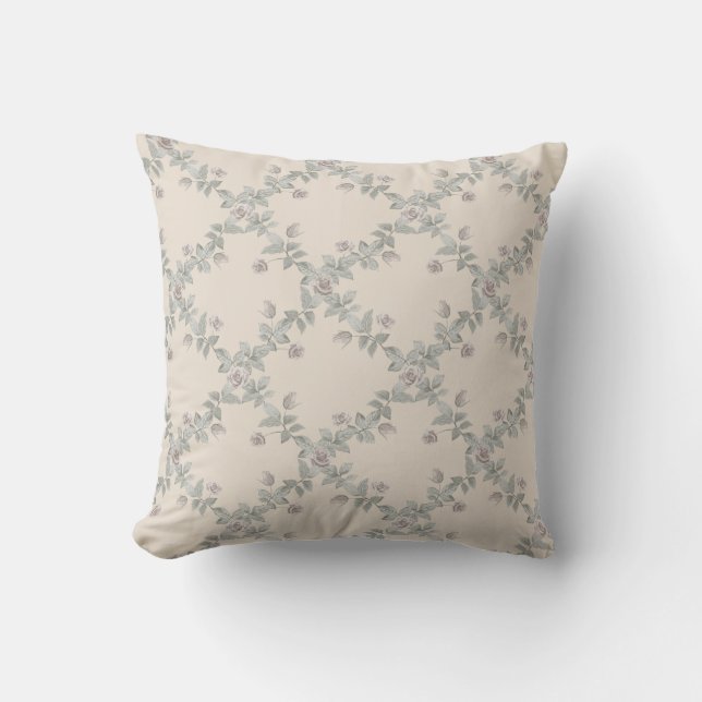 Cream Taupe Rose Sage Trellis Pattern Throw Pillow (Front)