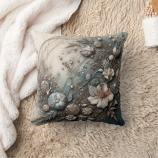 Cream Teal 3D Sculptural Botanical Floral Throw Pillow