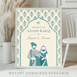 Cream Teal Anand Karaj Sikh Wedding Welcome Sign