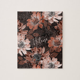 Cream, teracote flowers on a dark brown background jigsaw puzzle