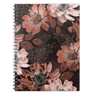 Cream, teracote flowers on a dark brown background notebook