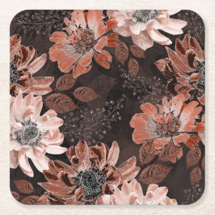 Cream, teracote flowers on a dark brown background square paper coaster