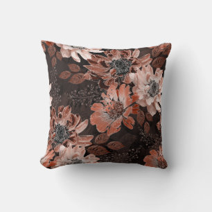 Cream, teracote flowers on a dark brown background throw pillow