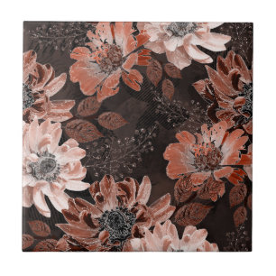 Cream, teracote flowers on a dark brown background tile