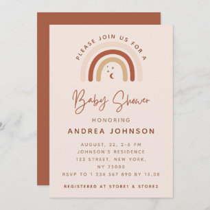 Cream & Terracotta Boho Rainbow Moon Baby Shower Invitation