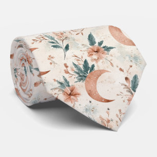 Cream Terracotta Crescent Moon Floral Celestial Tie