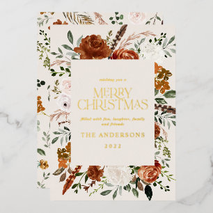  cream terracotta floral botanical elegant script  foil holiday card