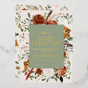 cream terracotta floral botanical elegant script  foil holiday card