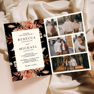 Cream Terracotta Floral QR Code Black Wedding Invitation