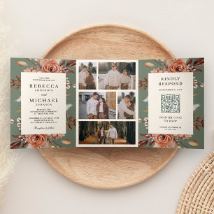 Cream Terracotta Floral QR Code Sage Green Wedding Tri-Fold Invitation