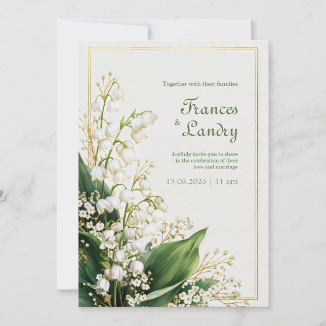 Cream Textured Lily Valley Gold Frame Wedding Invitation (Front)