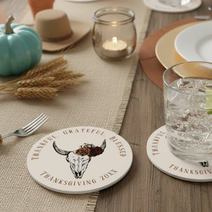 Cream Thanksgiving Floral Bull Skull Cow Skull Round Paper Coaster