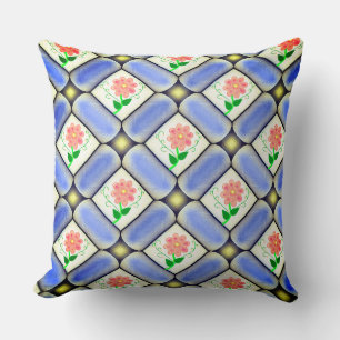 Cream Tiles of Flower Design on Blue Glazed  Throw Pillow