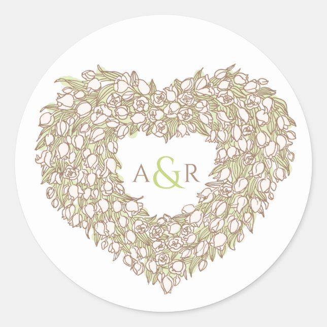 Cream tulip wreath ink drawing monogram wedding classic round sticker (Front)