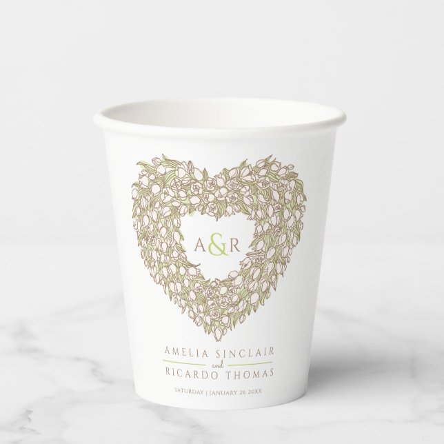 Cream tulips wreath brown ink art wedding paper cups (Front)