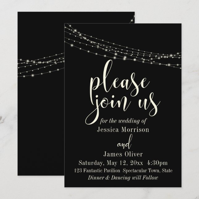 Cream Typography 30, Black 2 with Lights Wedding Invitation (Front/Back)