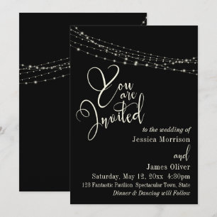 Cream Typography 32 on Black with Lights Wedding Invitation