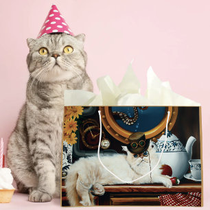 Cream Victorian Steampunk Cat Tea Party Submarine Large Gift Bag