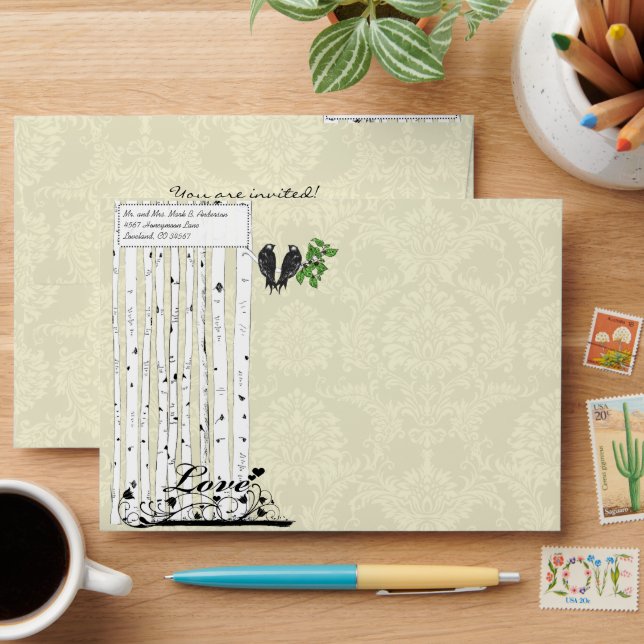 Cream Vintage Birds Damask Wedding Envelopes (Desk)
