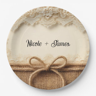 Cream Vintage Floral Lace Burlap Rustic Wedding  Paper Plate