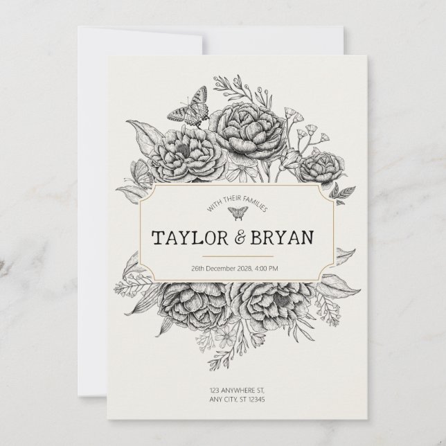 Cream Vintage Peony Wedding Invitation (Front)