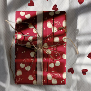 Cream Watercolor Cherries on Red – Valentine  Wrapping Paper Sheet