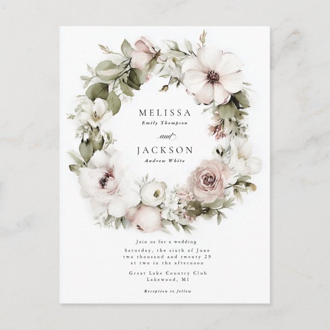  Cream Watercolor Flower Wreath Wedding Postcard (Front)