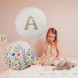 Cream Watercolor Wildflower "A"  Round Pillow