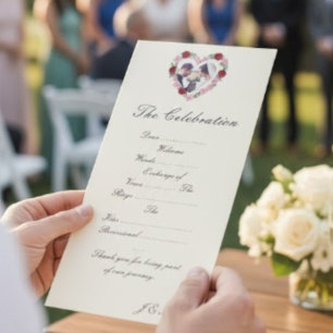 Cream wedding program with heart-shaped flowers