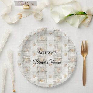 Cream White Beige Boho Hearts Bridal Shower Paper Plate