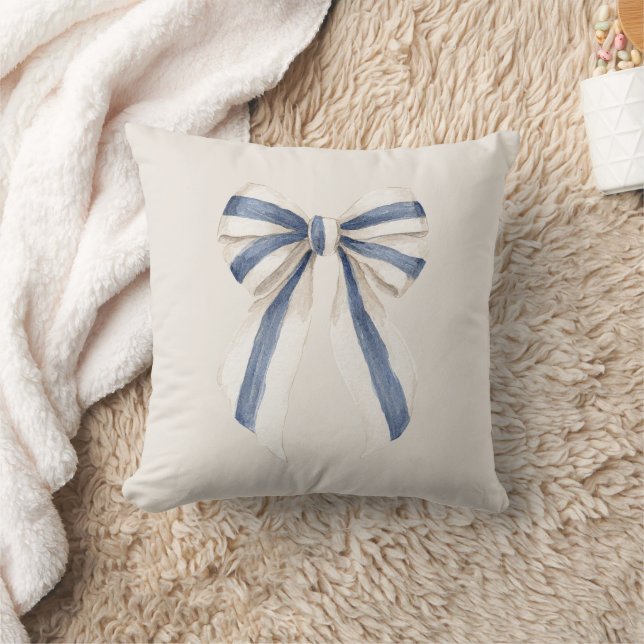 Cream White Blue Stripes Bow Throw Pillow (Blanket)