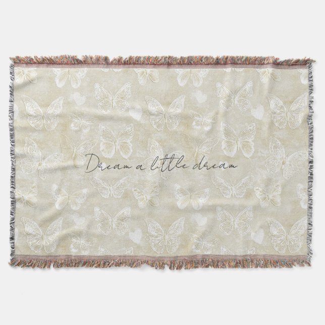 Cream White Butterflies Hearts Throw Blanket (Front)