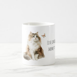 Cream White Cat Butterfly Live in the moment Coffee Mug