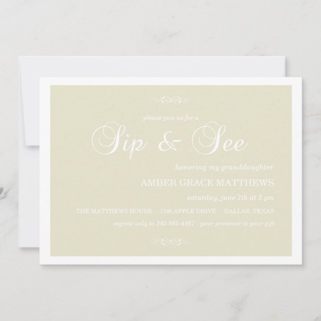 Cream & White Damask Sip And See Invitation (Front)