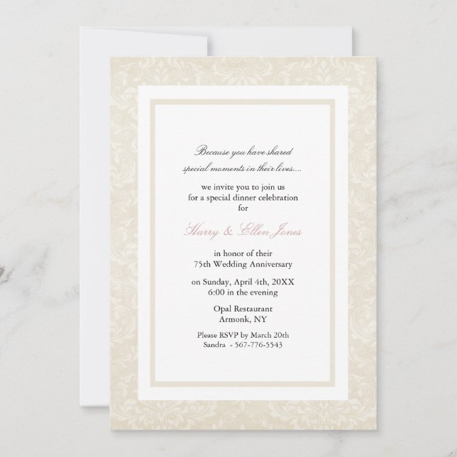 Cream & White Damask Wedding Anniversary Invite (Front)