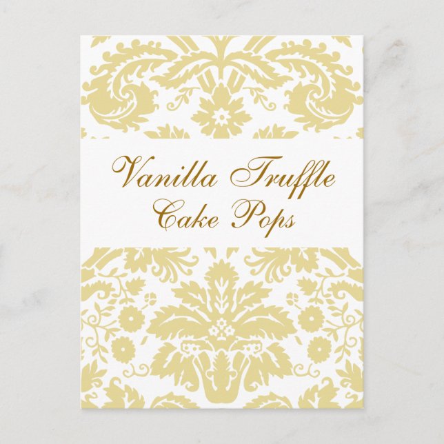 Cream White Damask Wedding Treats Table Card (Front)