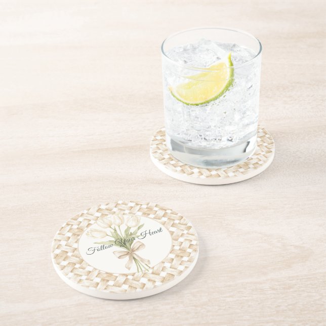 Cream White Faux Basket Weave  Coaster (Side)
