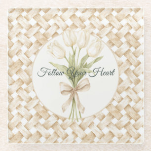 Cream White Faux Basket Weave  Glass Coaster