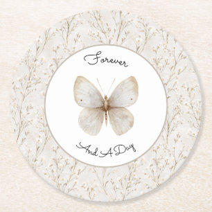 Cream White Floral Butterfly Wedding Round Paper Coaster