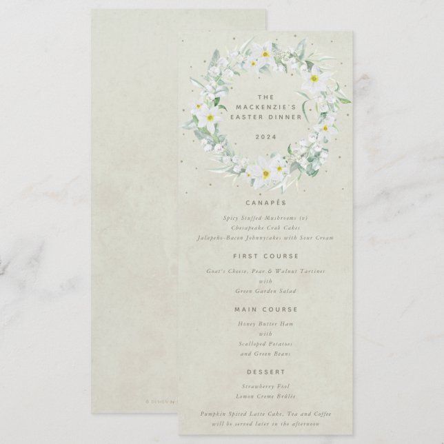 Cream White Floral Easter Wreath Flat 4 Course Menu (Front/Back)
