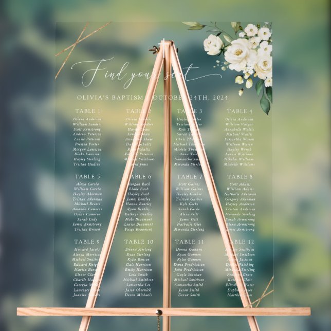 Cream White Flowers, Boho, Baptism Seating Chart (Neutral)