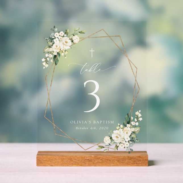 Cream White Flowers, Boho, Baptism Table Numbers Acrylic Sign (Neutral)